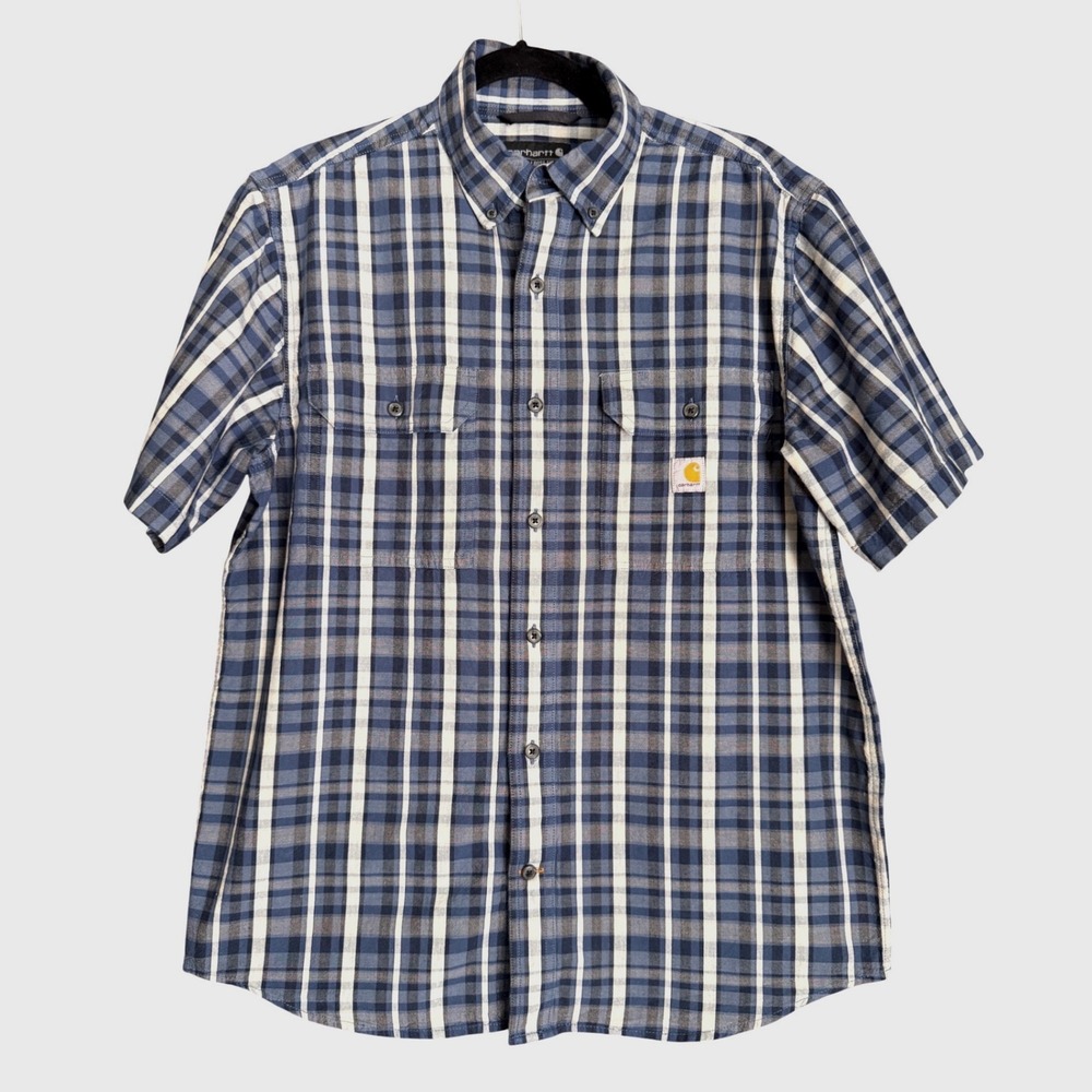 Carhartt Loose Fit Plaid Button Front Shirt Mens Medium Blue Short Sleeve